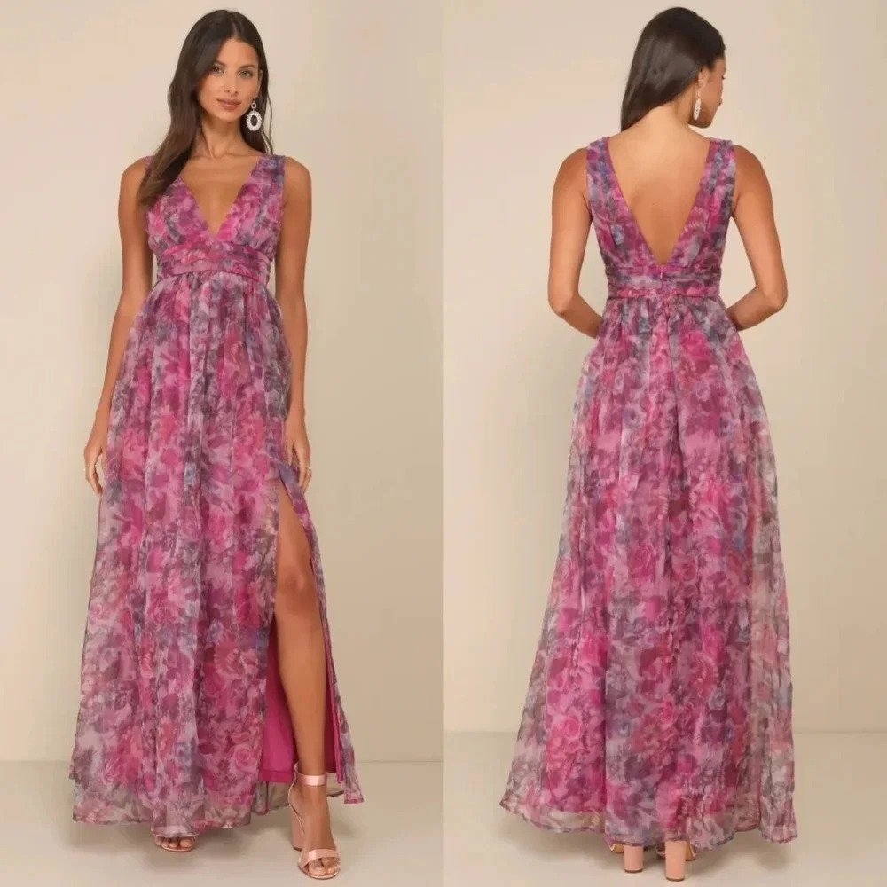 Lulus Garden Romance Magenta Floral Print Organza Maxi Dress Wedding Party